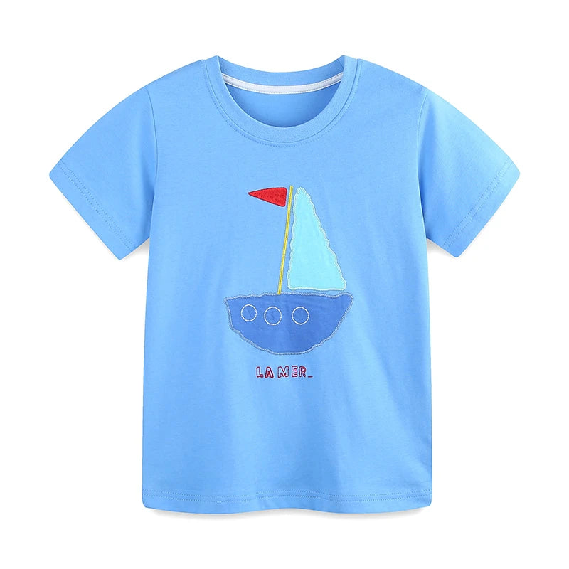 100% Cotton Blue Sailboat Applique Tee & Striped Shorts Set