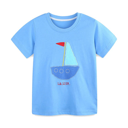 100% Cotton Blue Sailboat Applique Tee & Striped Shorts Set