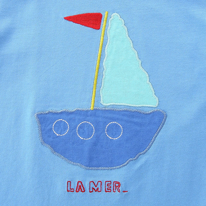 100% Cotton Blue Sailboat Applique Tee & Striped Shorts Set