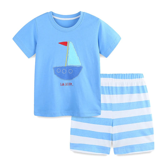 100% Cotton Blue Sailboat Applique Tee & Striped Shorts Set