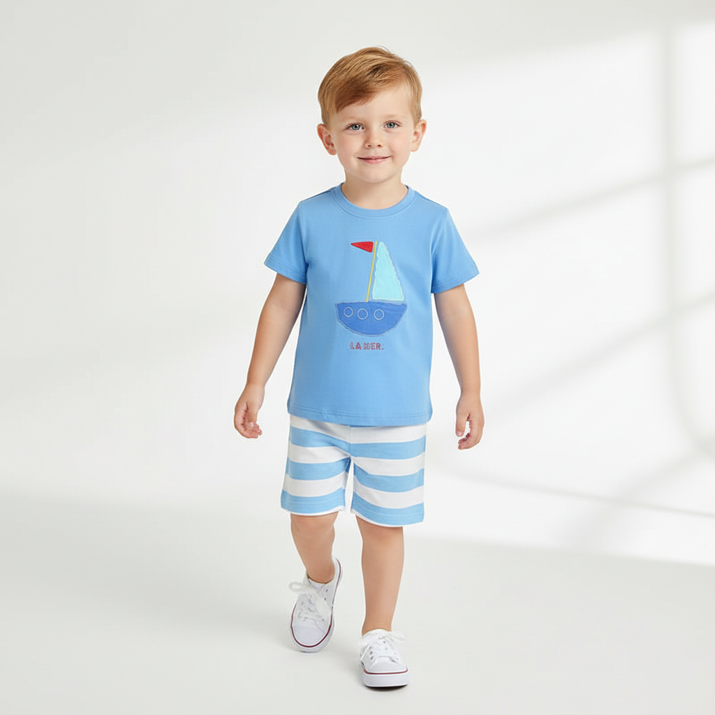 100% Cotton Blue Sailboat Applique Tee & Striped Shorts Set
