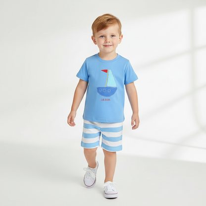 100% Cotton Blue Sailboat Applique Tee & Striped Shorts Set