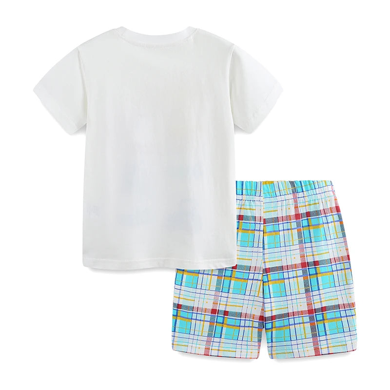 100% Cotton Colorful Construction Truck Tee & Plaid Shorts Set