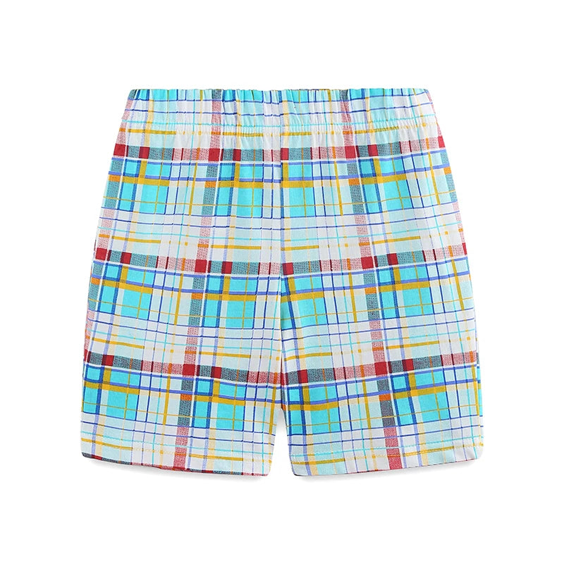 100% Cotton Colorful Construction Truck Tee & Plaid Shorts Set