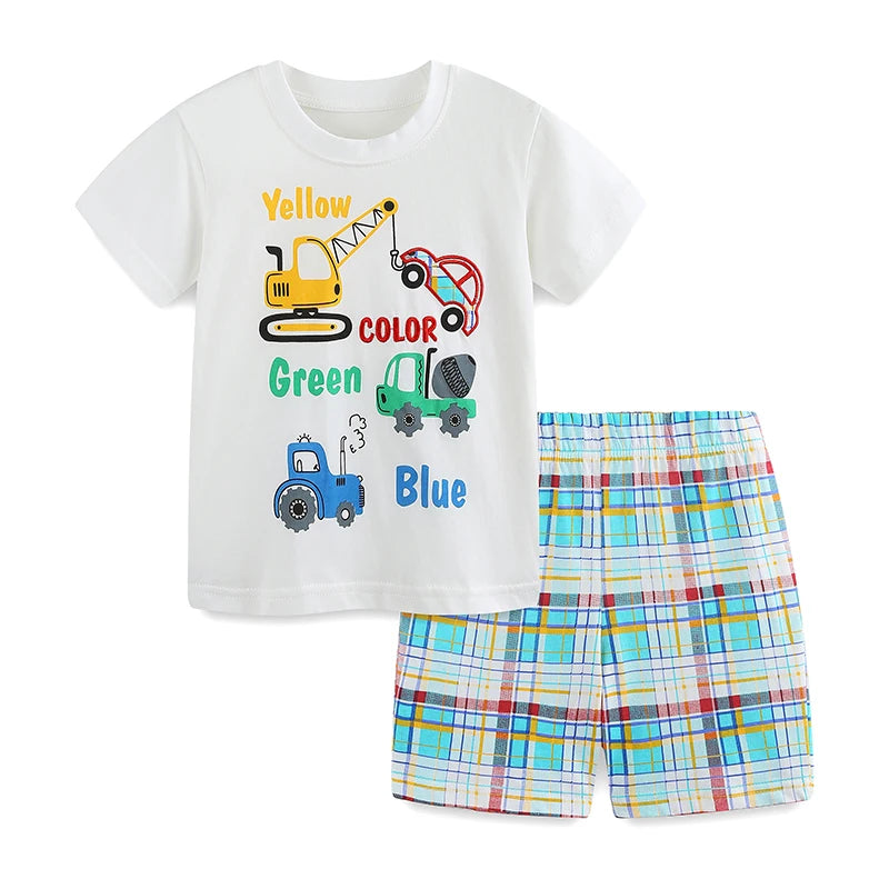 100% Cotton Colorful Construction Truck Tee & Plaid Shorts Set