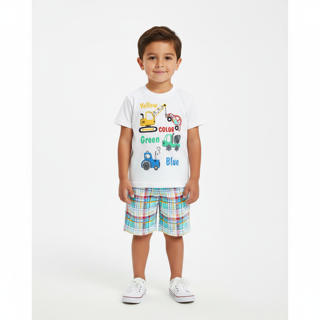 100% Cotton Colorful Construction Truck Tee & Plaid Shorts Set