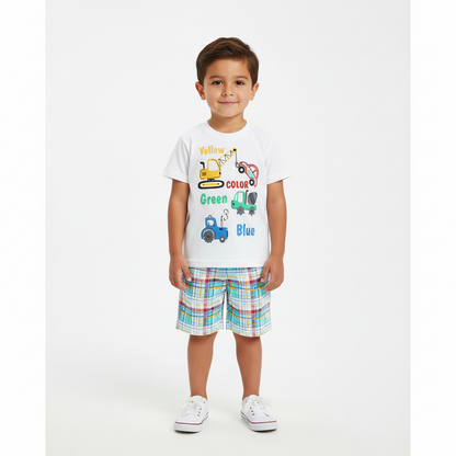 100% Cotton Colorful Construction Truck Tee & Plaid Shorts Set