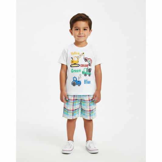 100% Cotton Colorful Construction Truck Tee & Plaid Shorts Set
