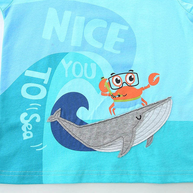 100% Cotton Crab & Whale Graphic Tee With Grey Drawstring Shorts