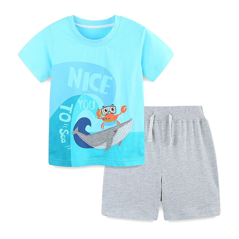100% Cotton Crab & Whale Graphic Tee With Grey Drawstring Shorts