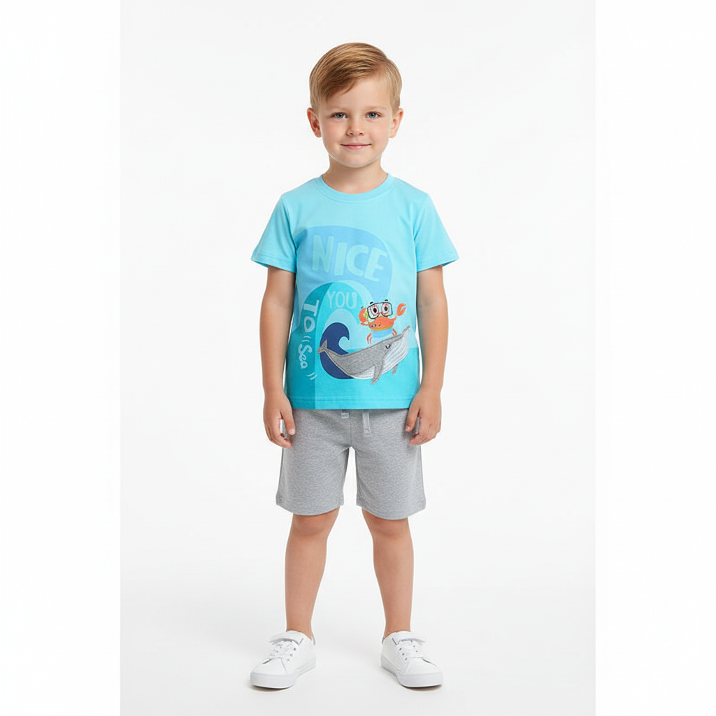 100% Cotton Crab & Whale Graphic Tee With Grey Drawstring Shorts