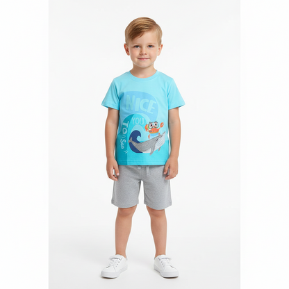 100% Cotton Crab & Whale Graphic Tee With Grey Drawstring Shorts