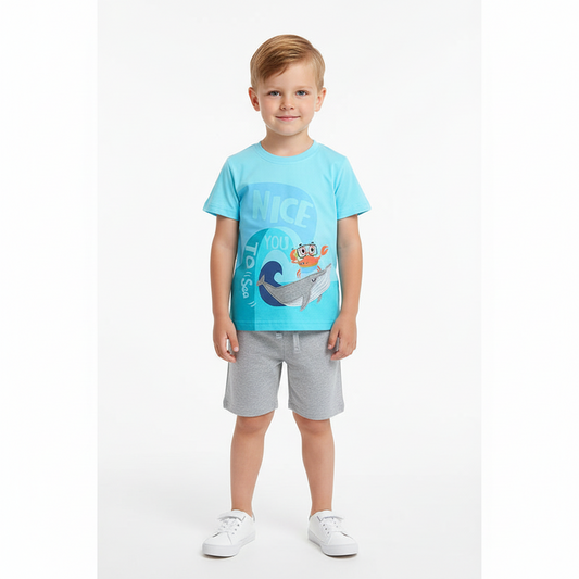 100% Cotton Crab & Whale Graphic Tee With Grey Drawstring Shorts