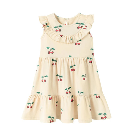100% Cotton Cream Cherry Print Ruffle Neck Dress
