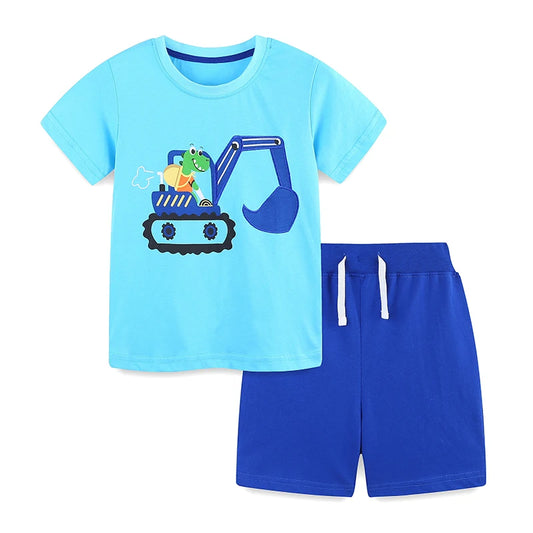 100% Cotton Crocodile On Excavator Tee & Blue Shorts Set