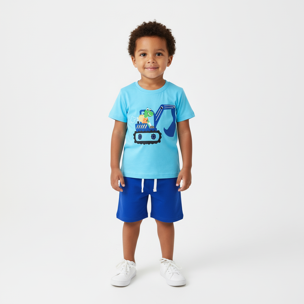 100% Cotton Crocodile On Excavator Tee & Blue Shorts Set