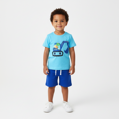 100% Cotton Crocodile On Excavator Tee & Blue Shorts Set
