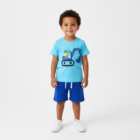 100% Cotton Crocodile On Excavator Tee & Blue Shorts Set