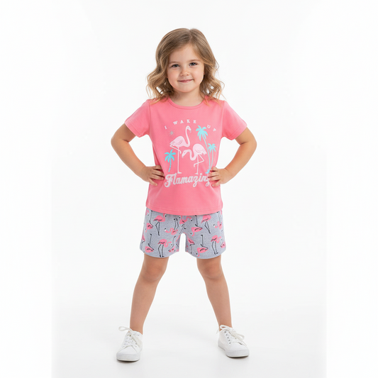100% Cotton Flamingo Tee & Shorts Set