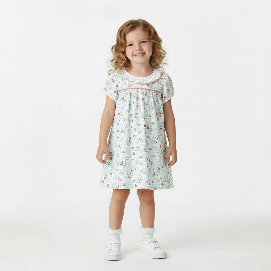 100% Cotton Floral Dress With Ruffle Collar