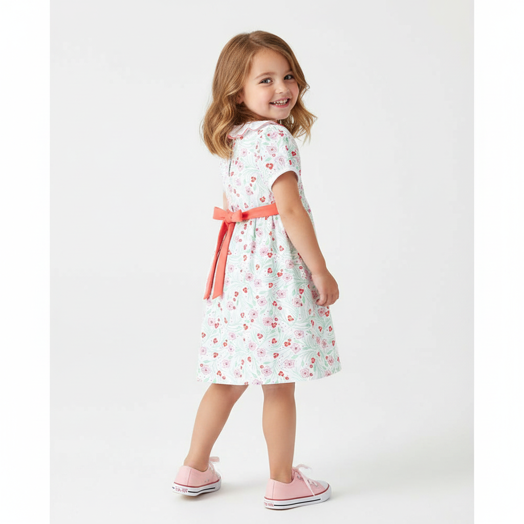 100% Cotton Floral Dress With Ruffle Collar