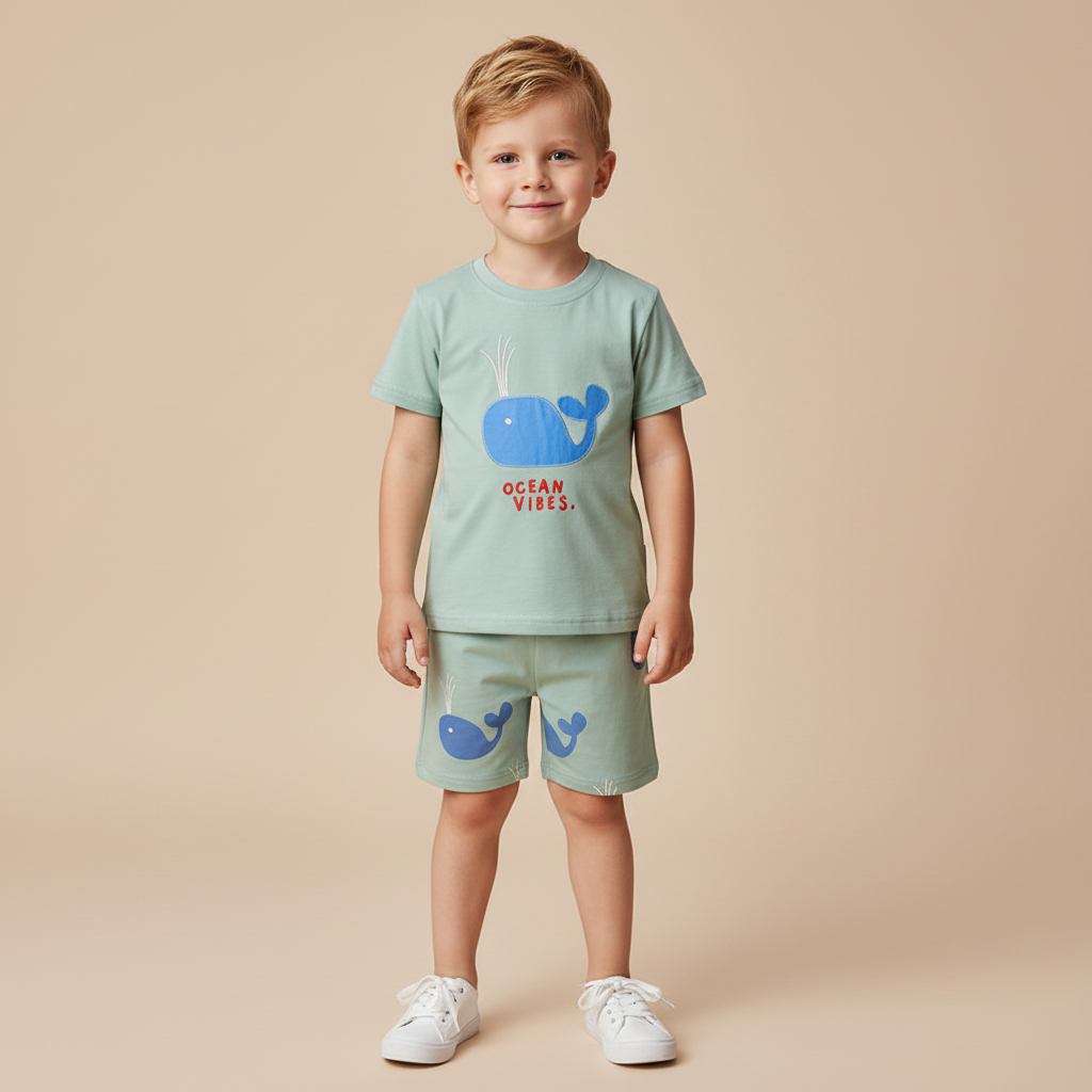 100% Cotton Ocean Vibes Whale T-Shirt & Shorts Set