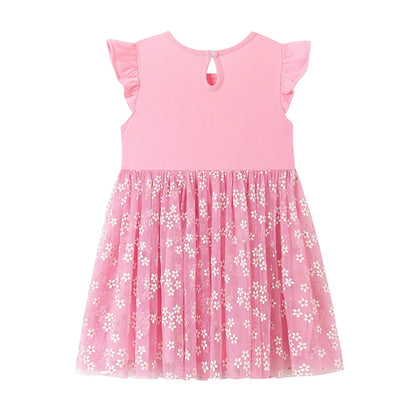 100% Cotton Floral Tulle Dress With Ruffle Sleeves