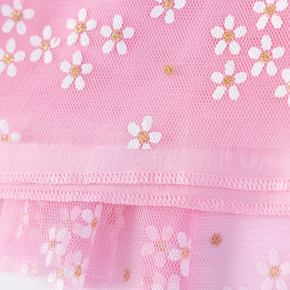 100% Cotton Floral Tulle Dress With Ruffle Sleeves