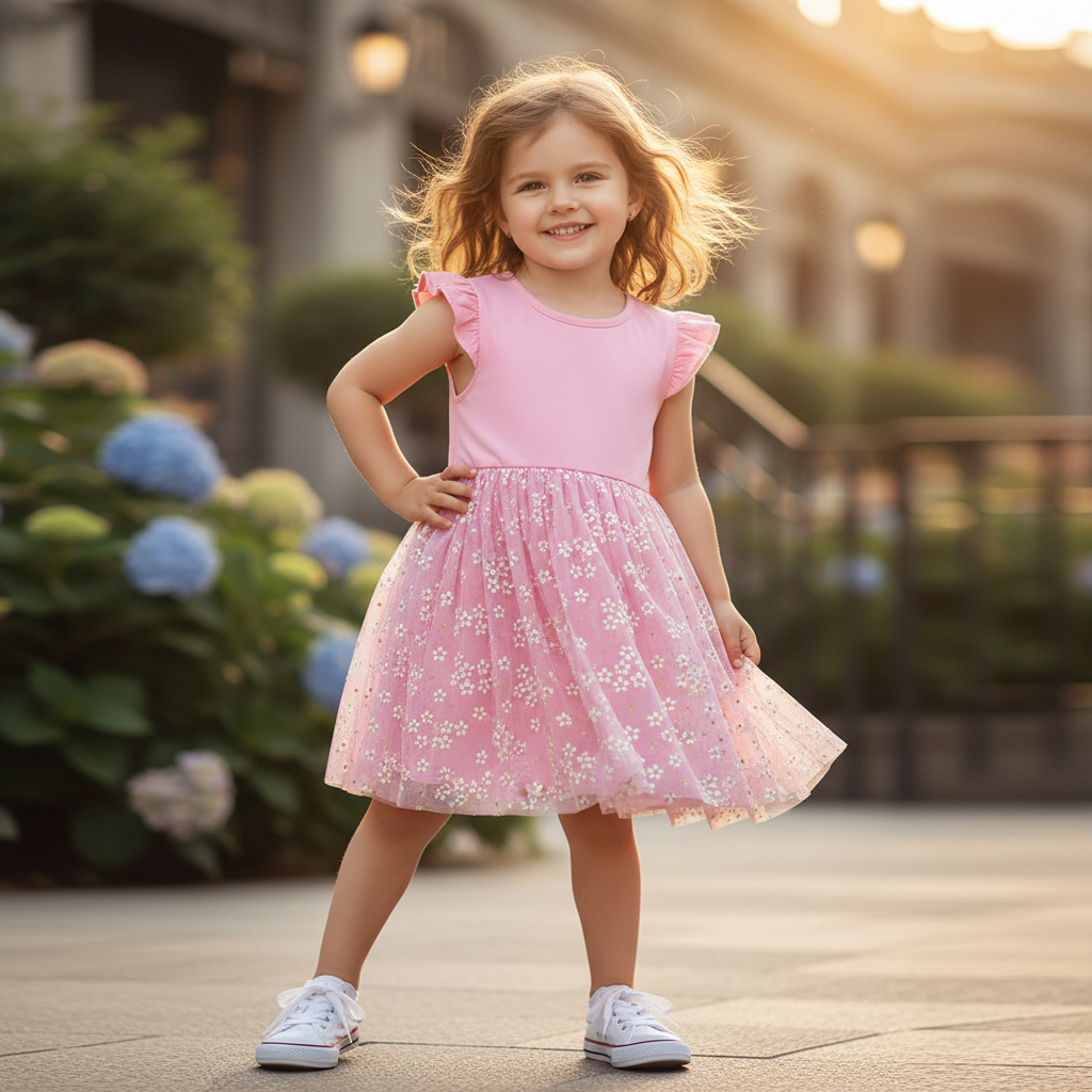 100% Cotton Floral Tulle Dress With Ruffle Sleeves