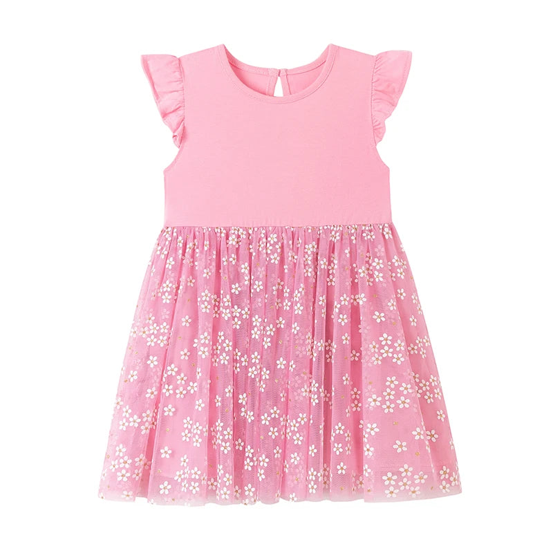 100% Cotton Floral Tulle Dress With Ruffle Sleeves
