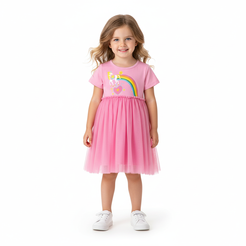 100% Cotton Pink Unicorn Rainbow Tulle Dress