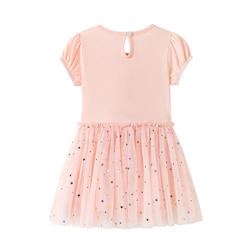100% Cotton Unicorn Pastel Pink Puff Sleeve Tulle Dress