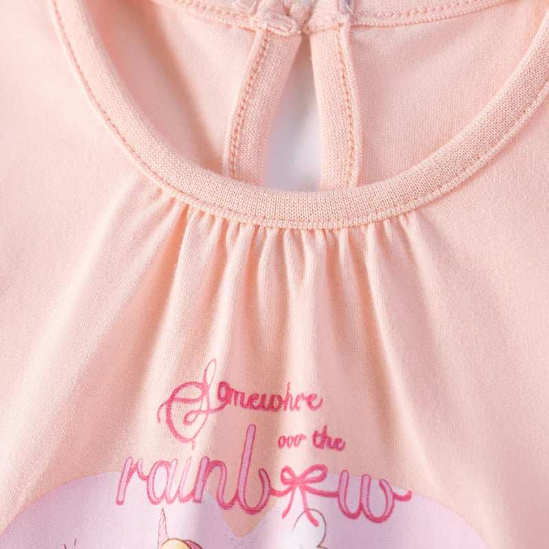 100% Cotton Unicorn Pastel Pink Puff Sleeve Tulle Dress