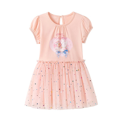 100% Cotton Unicorn Pastel Pink Puff Sleeve Tulle Dress