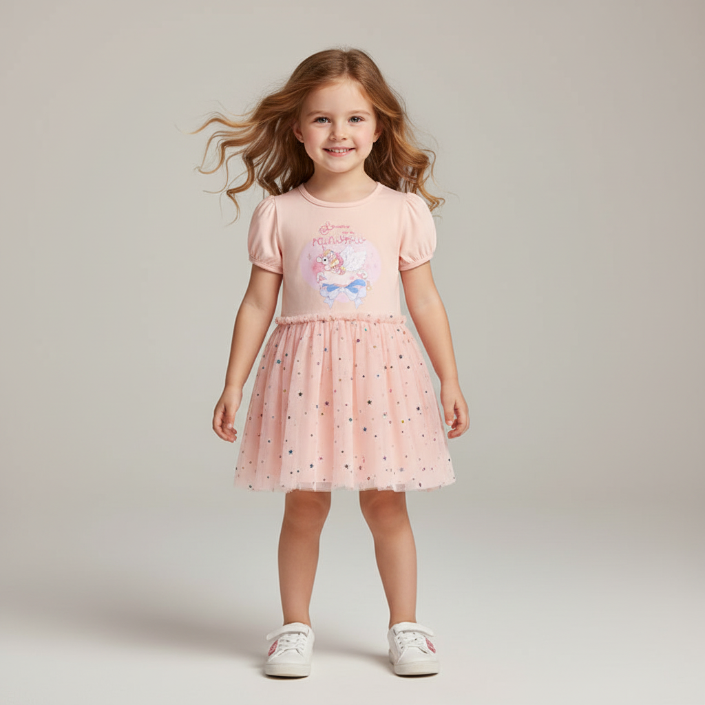 100% Cotton Unicorn Pastel Pink Puff Sleeve Tulle Dress