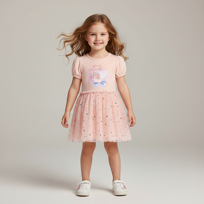 100% Cotton Unicorn Pastel Pink Puff Sleeve Tulle Dress