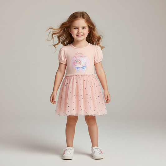 100% Cotton Unicorn Pastel Pink Puff Sleeve Tulle Dress