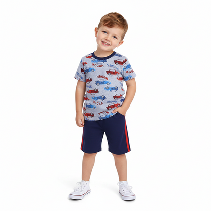 100% Cotton Vintage Car Tee & Navy Blue Shorts Set
