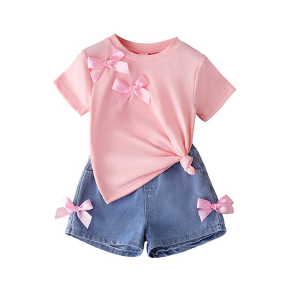Cotton Pink Bow Tie Tee & Denim Bow Shorts Set