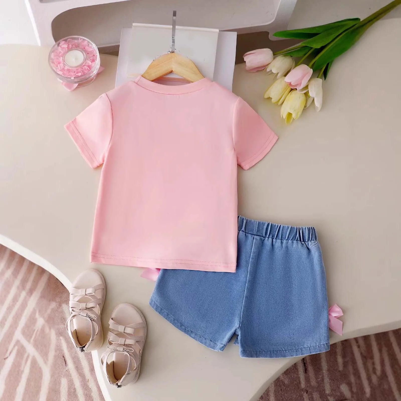 Cotton Pink Bow Tie Tee & Denim Bow Shorts Set