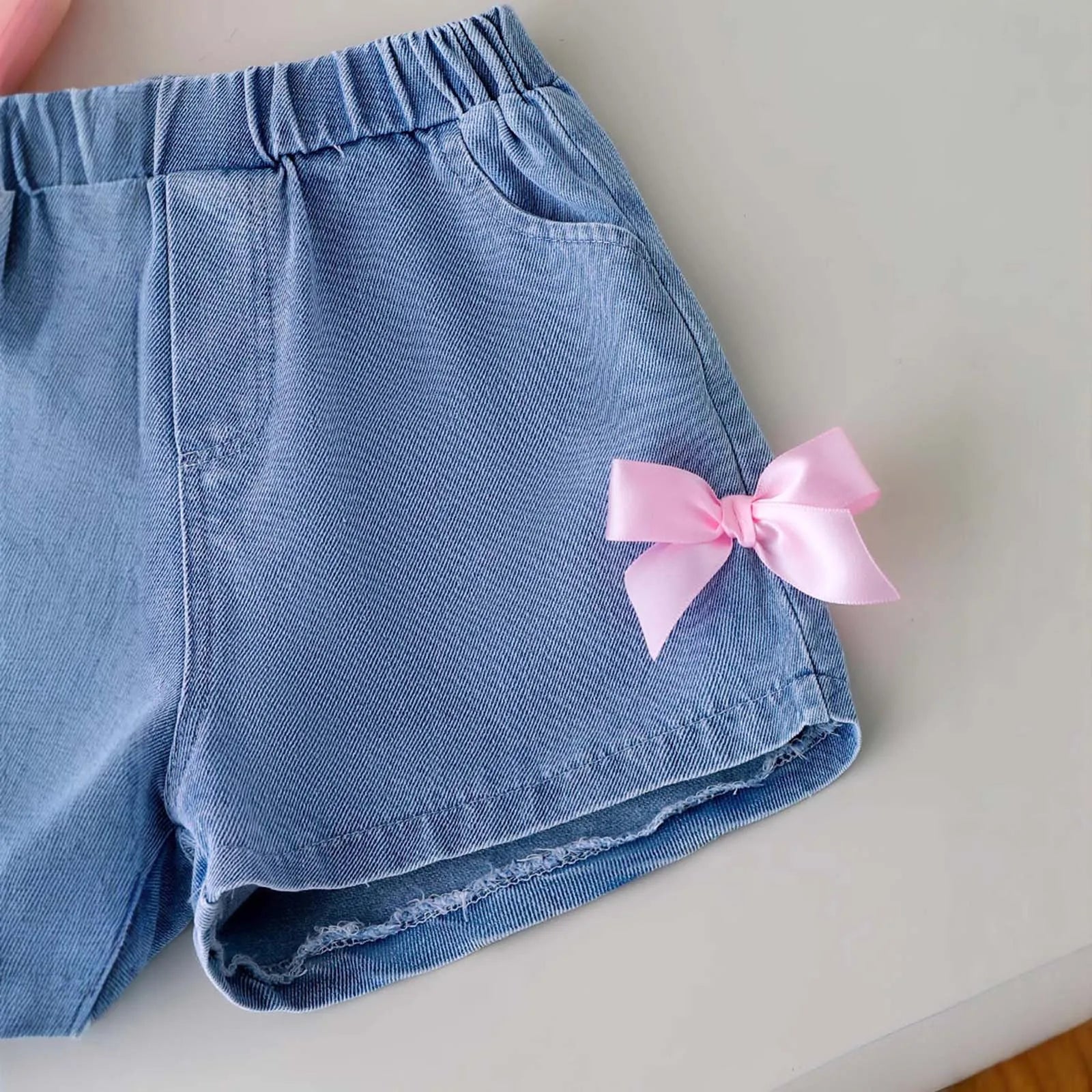 Cotton Pink Bow Tie Tee & Denim Bow Shorts Set