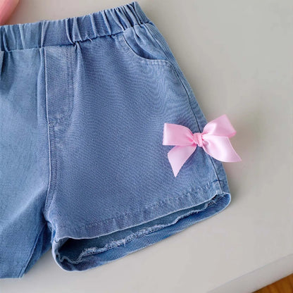 Cotton Pink Bow Tie Tee & Denim Bow Shorts Set
