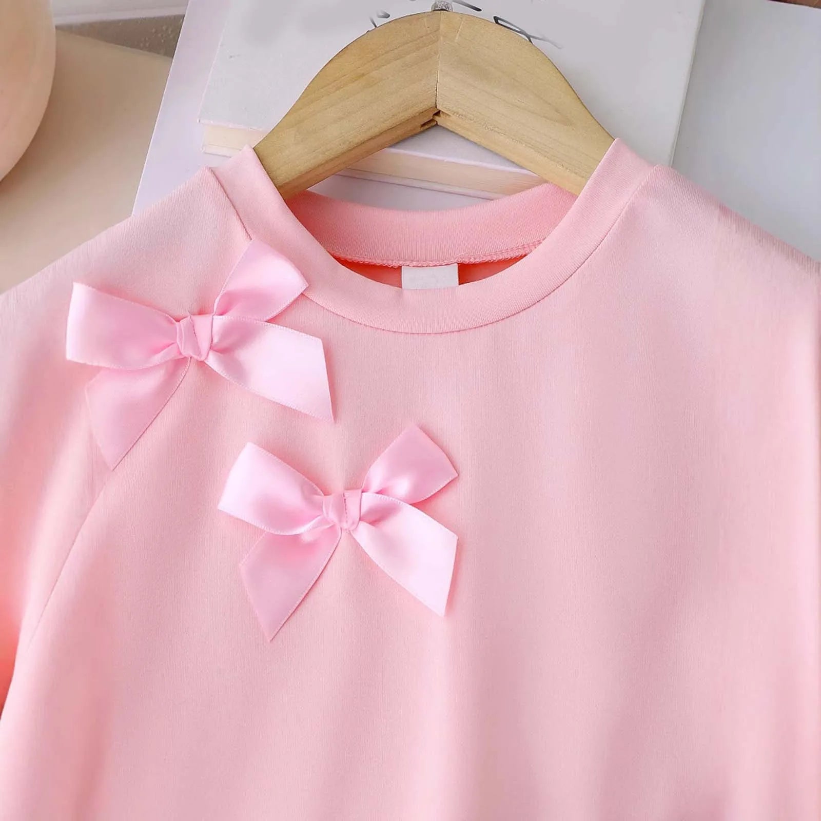 Cotton Pink Bow Tie Tee & Denim Bow Shorts Set