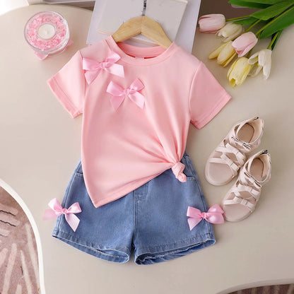Cotton Pink Bow Tie Tee & Denim Bow Shorts Set