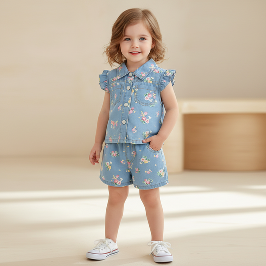Child wearing a floral denim vest and shorts set by Ewapi, featuring colorful flower patterns on denim fabric.