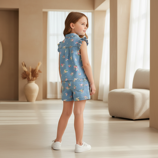 Ewapi floral denim vest and shorts set for kids, with colorful flower patterns and casual summer style.