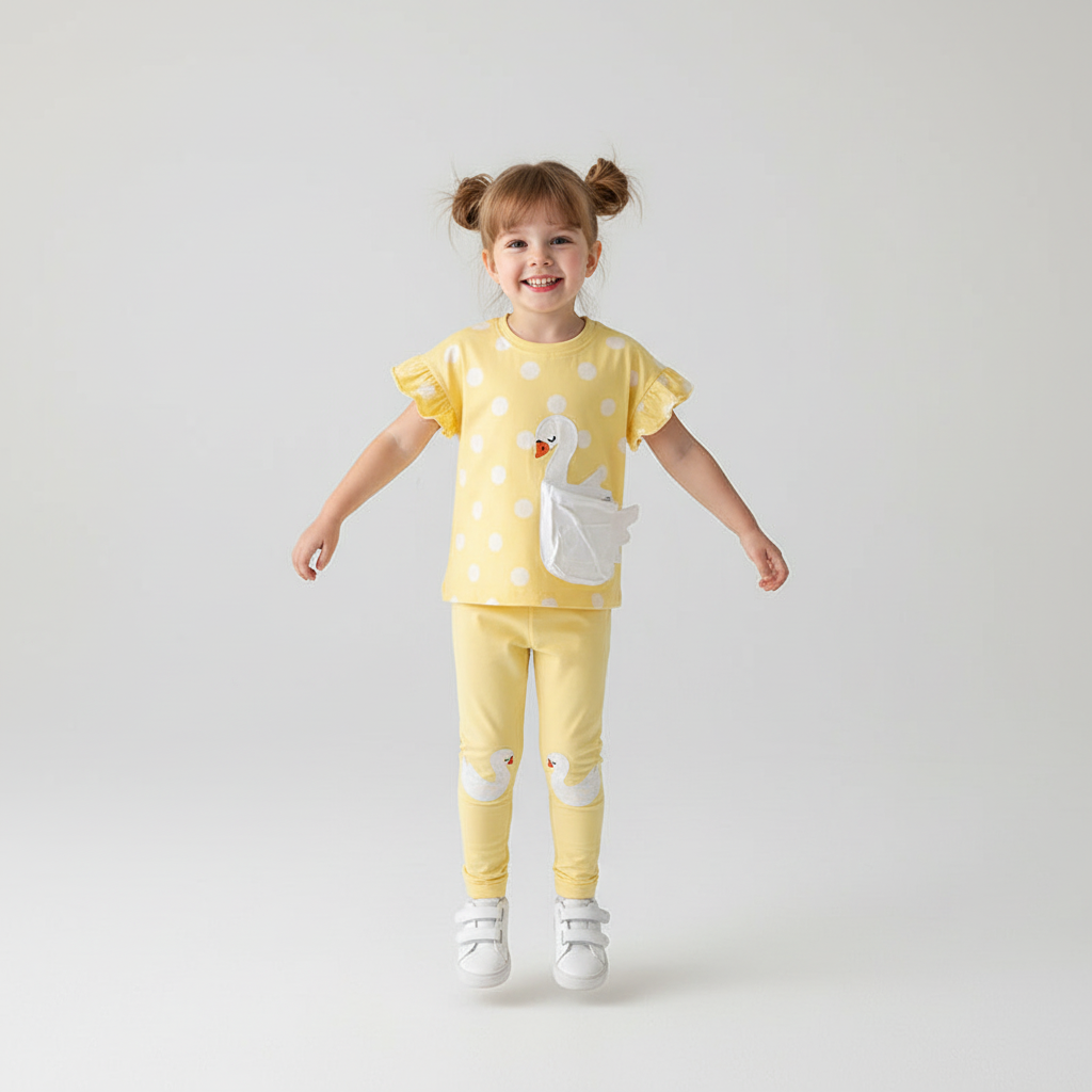 100% Cotton Yellow Swan Polka Dot Top & Leggings Set