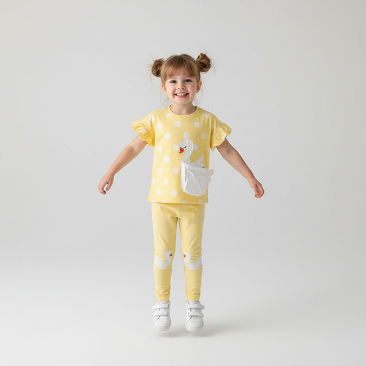 100% Cotton Yellow Swan Polka Dot Top & Leggings Set