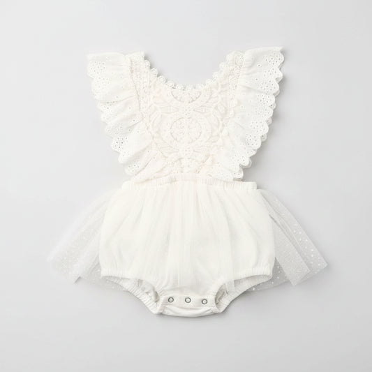 White Lace Tulle Romper With Ruffle Sleeves