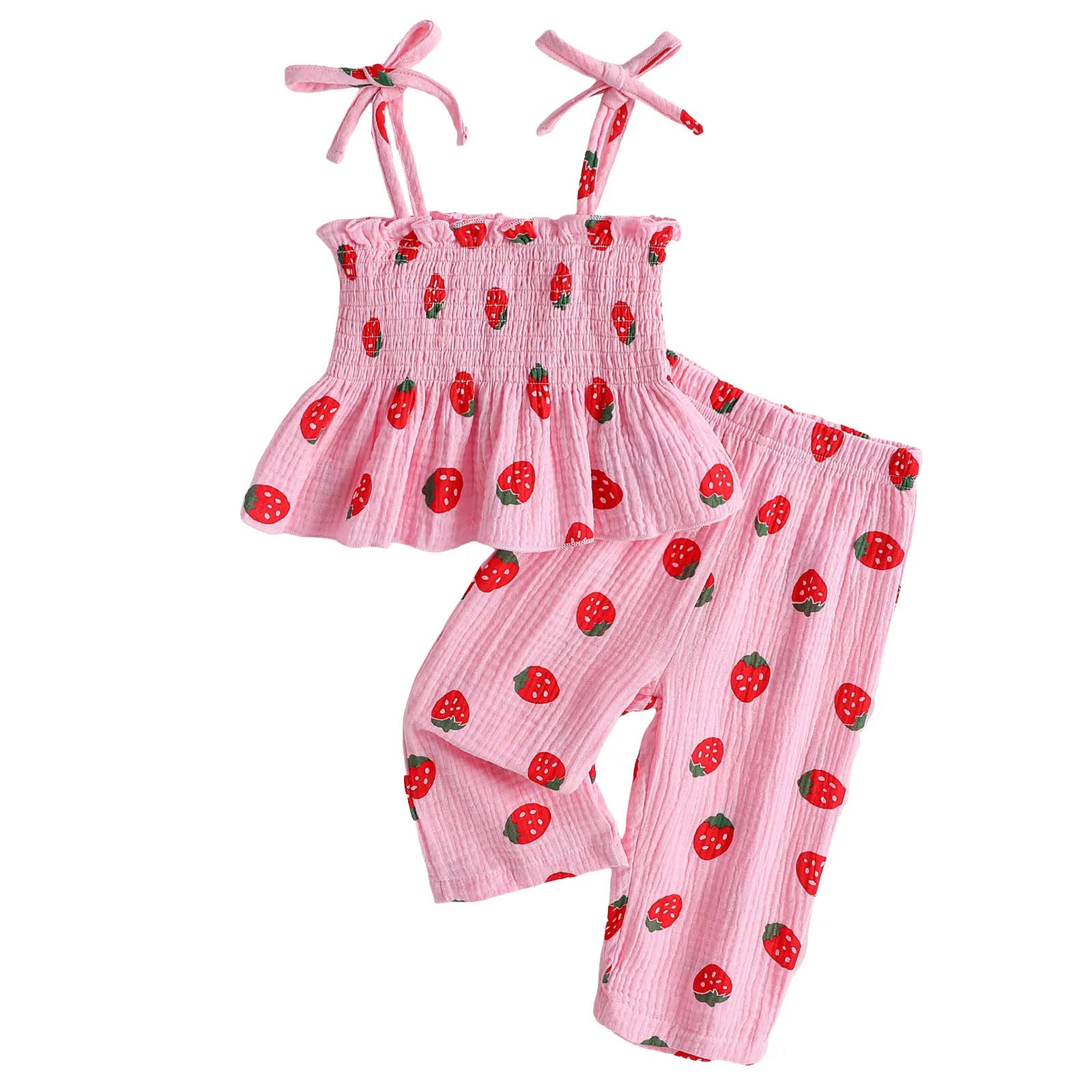 100% Cotton Pink Strawberry Print Smocked Top & Pants Set